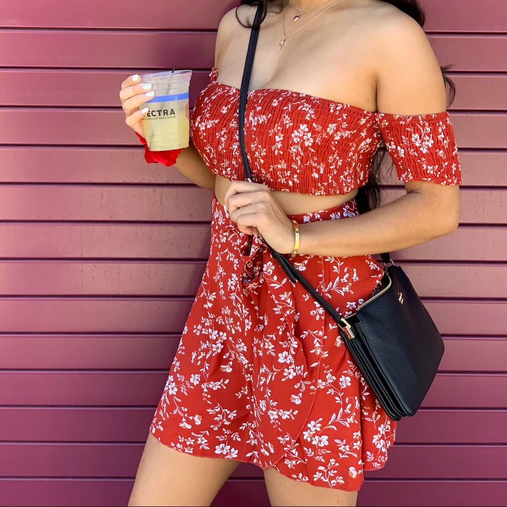 Red floral two piece set